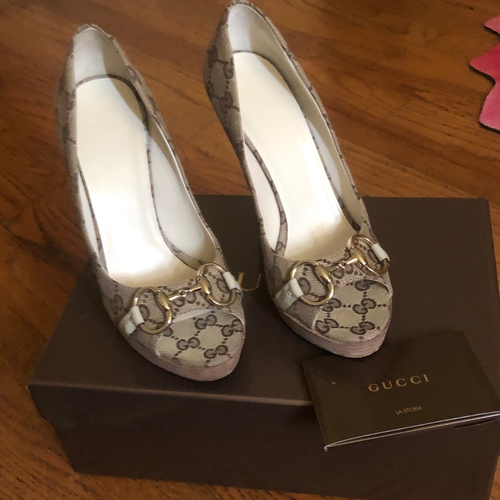 Gucci Brown GG Canvas Horsebit Pumps with Gold Hardware